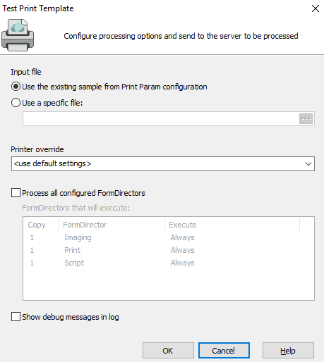 Test Print Template dialog showing a template with three active directors.